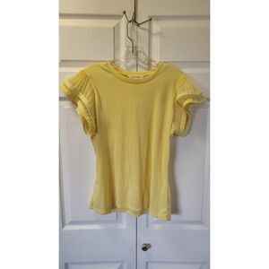 Mesh+Love Women's XL Ribbed Knit Top Pastel Yellow Pleated Flutter Sleeve Tee